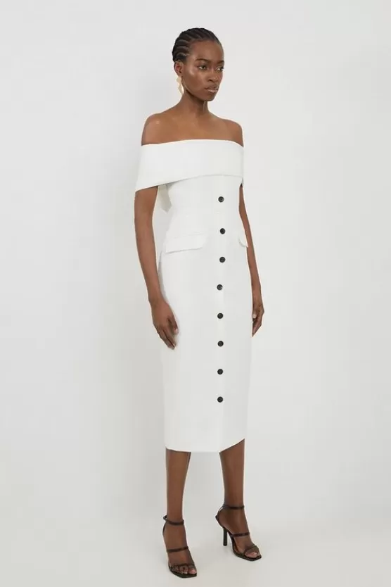 Discount Karen Millen Clean Tailored Off The Shoulder Button Through Midi Dress ivory