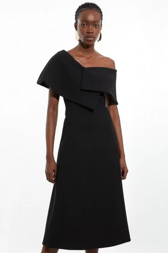Fashion Karen Millen Compact Stretch Asymmetric Collar Tailored Full Skirt Maxi Dress black