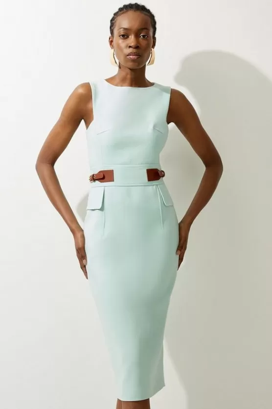 Fashion Karen Millen Compact Stretch Tab Waist Detail Tailored Midi Dress mint