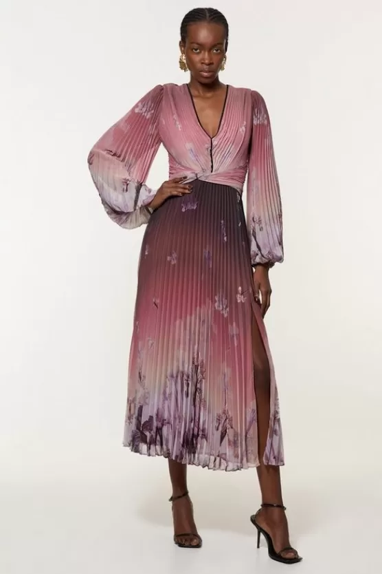 Hot Karen Millen Crinkle Pleat Border Balloon Sleeve Woven Midi Dress floral
