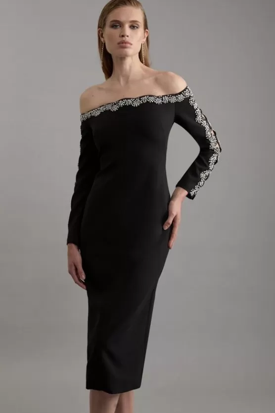 Sale Karen Millen Crystal Embellished Scalloped Off The Shoulder Tailored Midaxi Dress black