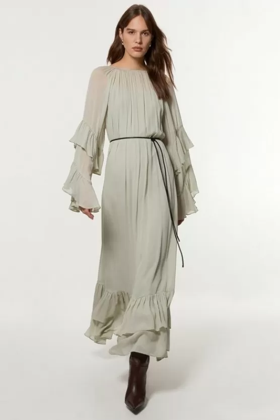 Cheap Karen Millen Drama Kimono Viscose Georgette Woven Maxi Dress With PU Belt sage