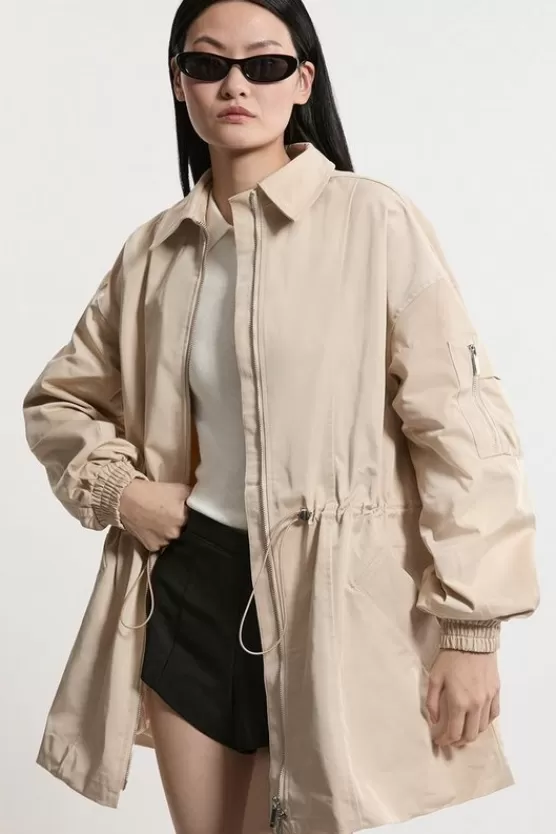 Cheap Karen Millen Drawstring Waist Collared Zip Through Mid Length Jacket stone