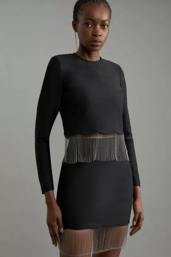 Shop Karen Millen Figure Form Bandage Knit Scallop Tassel Skirt Co-Ord black