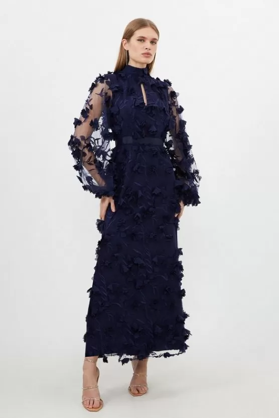 Clearance Karen Millen Floral Applique Woven Maxi Dress navy