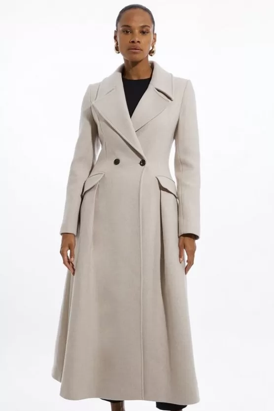 Sale Karen Millen Italian Manteco Wool Blend Tailored Flared Skirt Midaxi Coat oatmeal