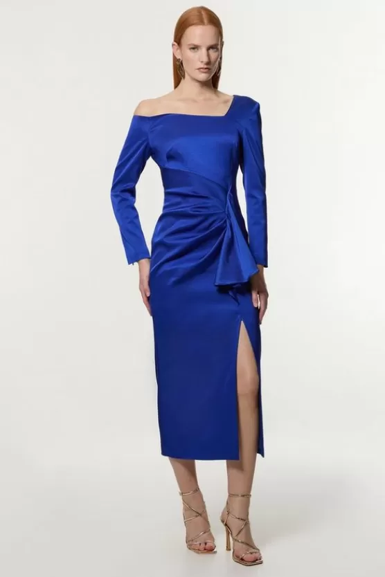 Shop Karen Millen Italian Structured Rib Asymmetric Neckline Draped Tailored Maxi Dress blue