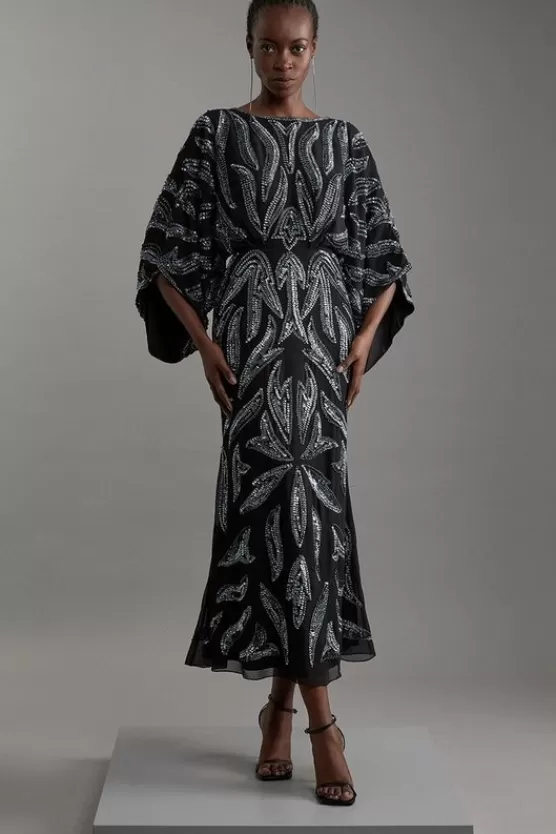 Outlet Karen Millen Kimono Sleeve Embellished Midaxi Dress gunmetal