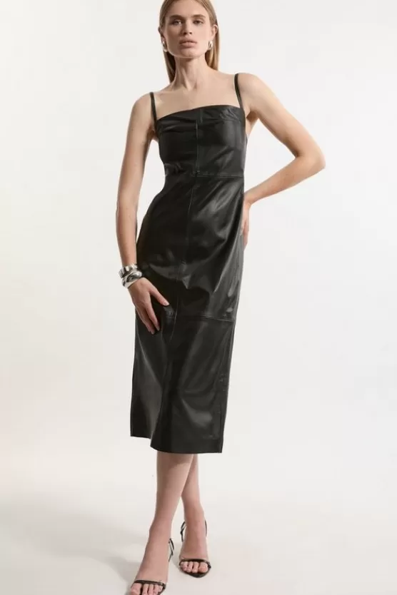 Cheap Karen Millen Leather Clean Minimal Strappy Pencil Dress black