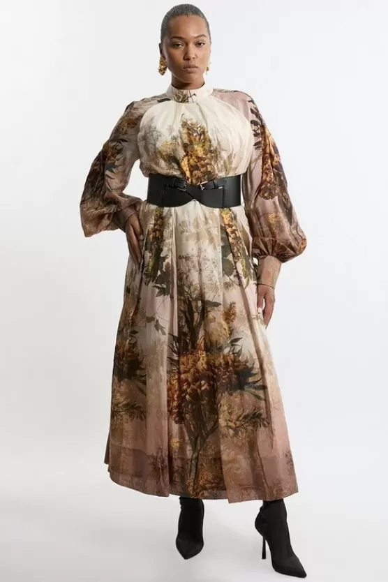 Best Sale Karen Millen Lydia Millen Plus Size Silk Cotton Border Print Belted Maxi Dress nudepink