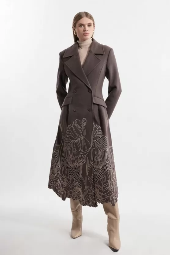 Sale Karen Millen Lydia Millen Wool Blend Floral Cutwork Flared Skirt Midaxi Coat taupe