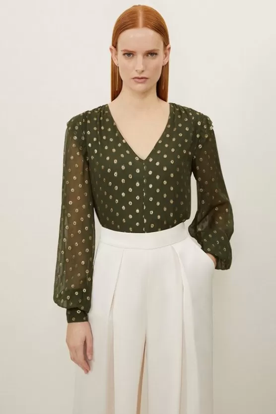 Shop Karen Millen Metallic Viscose Georgette Woven V Neck Blouse khaki