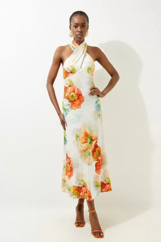 Best Sale Karen Millen Petite Abstract Printed Jersey Crepe Twist Neckline Maxi Dress floral