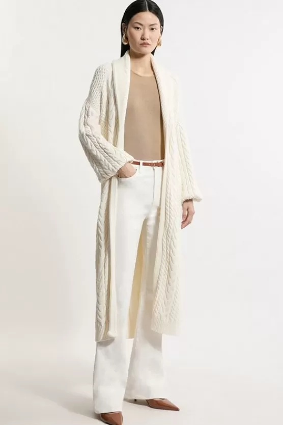 Fashion Karen Millen Petite All Over Cable Knit Shawl Collar Longline Belted Coatigan ivory