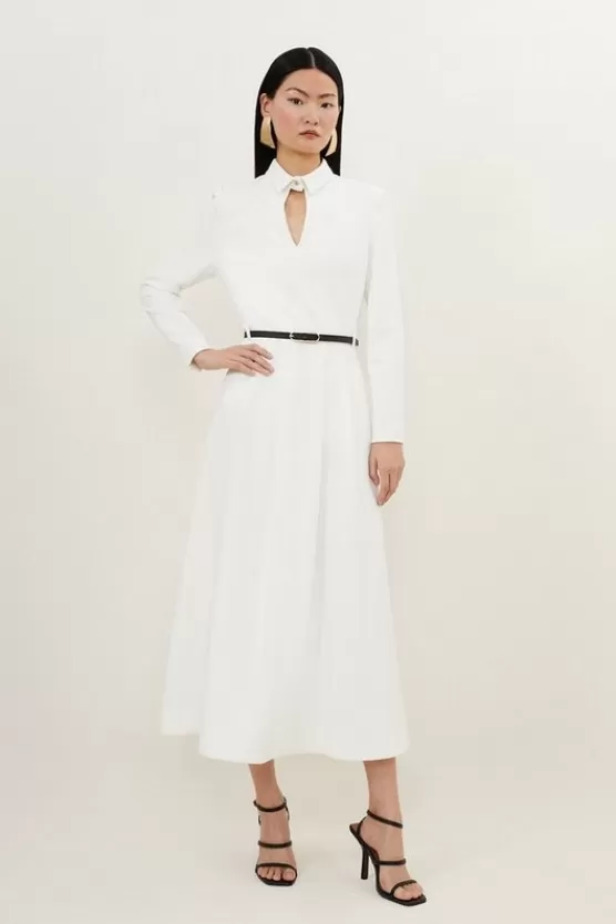 Fashion Karen Millen Petite Clean Tailored Pleat Detail Full Skirted Shirt Dress ivory