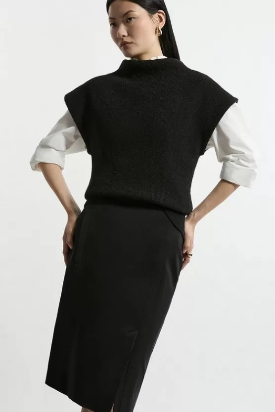 Cheap Karen Millen Petite Compact Stretch Color Block Grograin Midi Skirt black