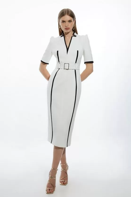 Best Karen Millen Petite Compact Stretch Contrast Tipped Forever Belted Tailored Midi Dress ivory