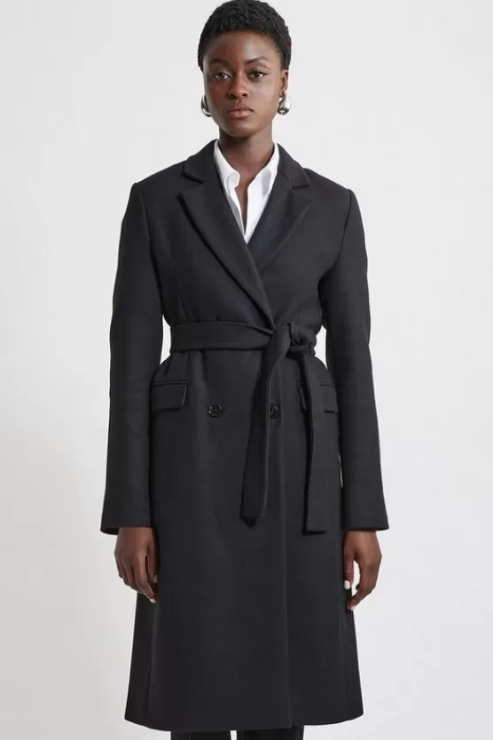 Discount Karen Millen Petite Italian Manteco Wool Blend Tailored Belted Midi Coat black