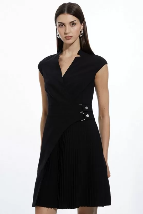 Store Karen Millen Petite Military Pleat Notch Neck Wrap Tailored Mini Dress black