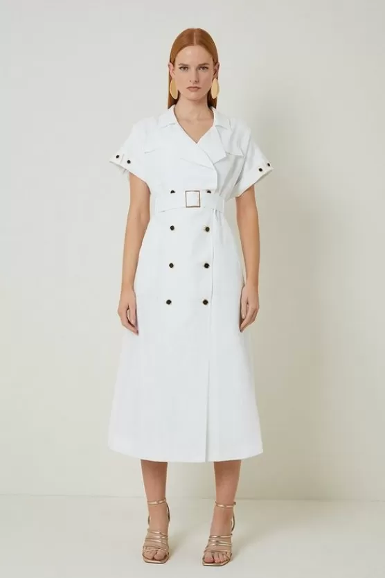 Best Sale Karen Millen Petite Premium Linen Viscose Tailored Double Breasted Belt Midi Shirt Dress ivory