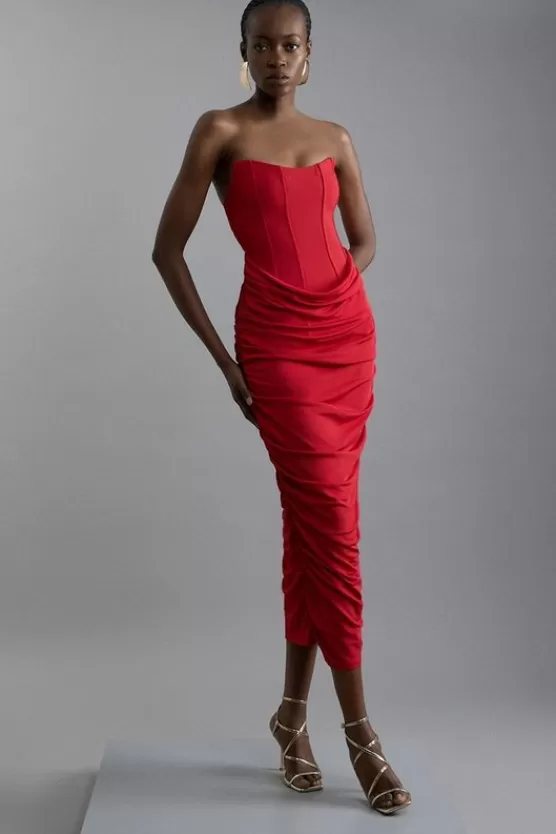 Clearance Karen Millen Petite Premium Viscose Jersey Corset Midi Dress red