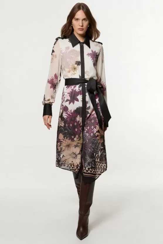 Outlet Karen Millen Petite Viscose Georgette Border Print Woven Midi Shirt Dress neutral