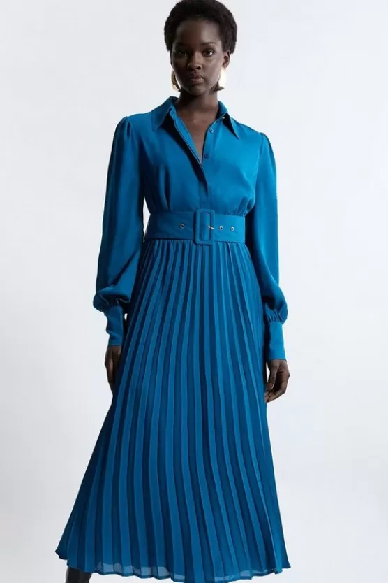 Sale Karen Millen Pleated Woven Maxi Shirt Dress With Belt teal