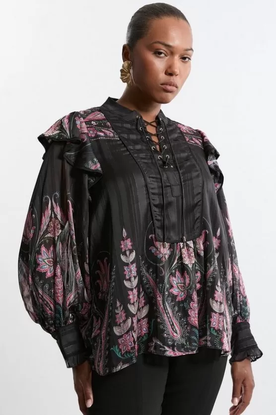Cheap Karen Millen Plus Size Boho Woven Blouse With Lace Front Detail floral