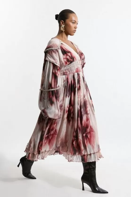 Best Karen Millen Plus Size Crinkle Woven Midi Dress With Balloon Sleeve And Embellishment floral