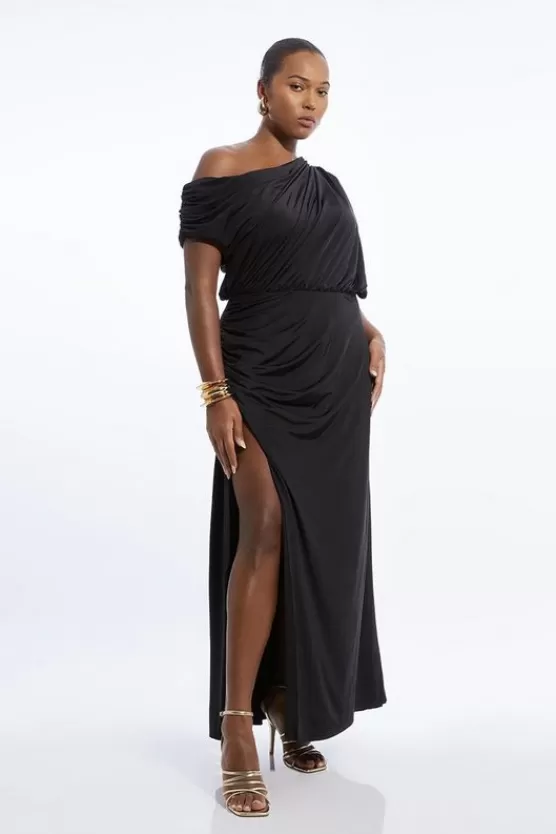 Clearance Karen Millen Plus Size Drapey Slinky Jersey One Shoulder Maxi Dress black