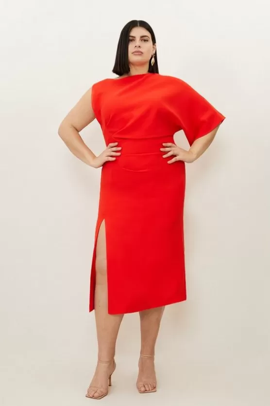 Shop Karen Millen Plus Size Fluid Tailo Asymmetric Sleeve Midi Dress red