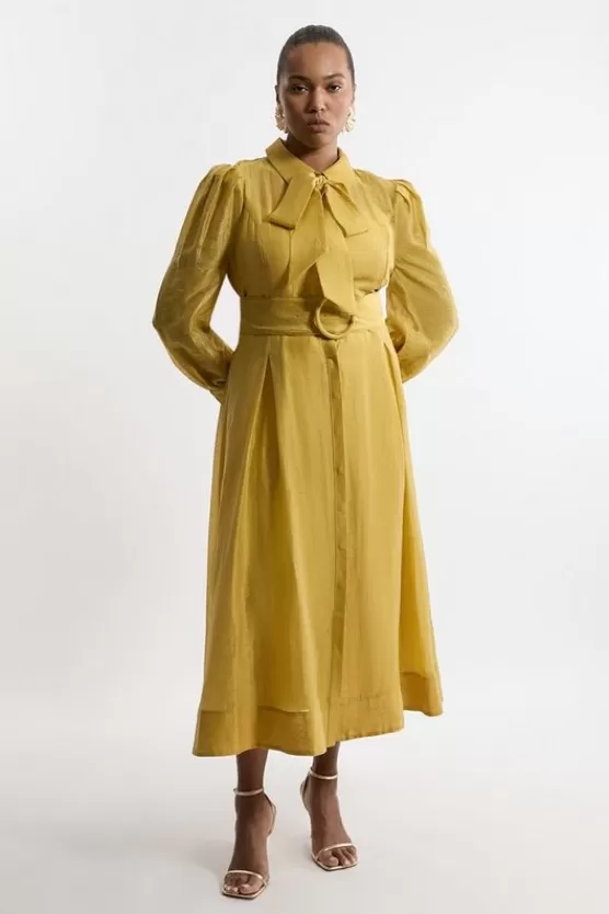 Fashion Karen Millen Plus Size Linen Blend Organdie Woven Pussybow Midaxi Dress lime
