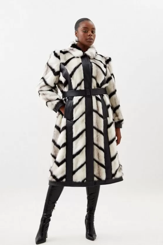 Sale Karen Millen Plus Size Panelled Stripe Faux Fur Pu Belted Long Coat mono