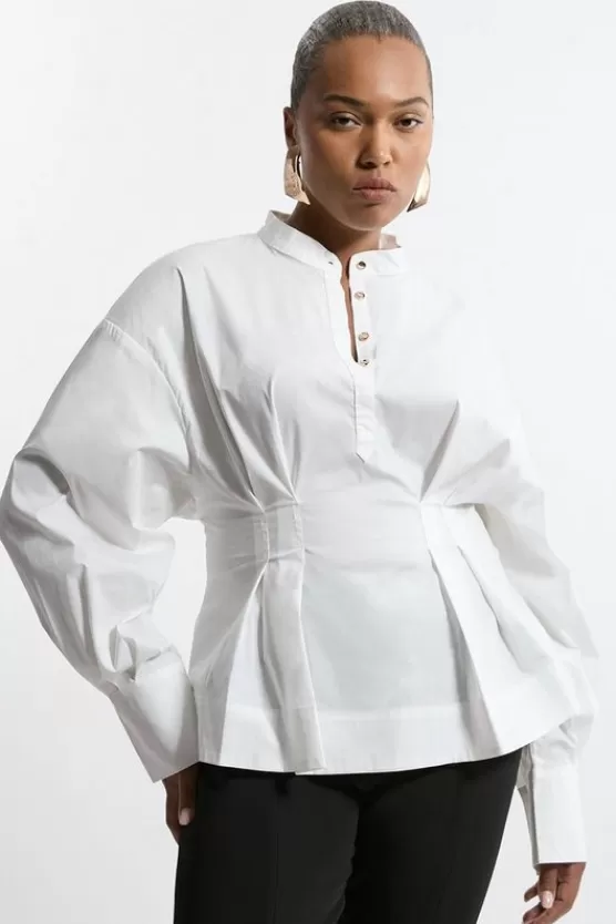 Clearance Karen Millen Plus Size Poplin Balloon Sleeve Pintuck Woven Shirt white
