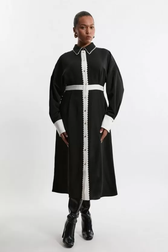 Clearance Karen Millen Plus Size Scallop Trim Woven Crepe Shirt Dress mono