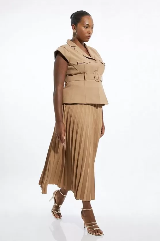 Discount Karen Millen Plus Size Soft Tailored Crepe Belted Pleated Midi Dress camel