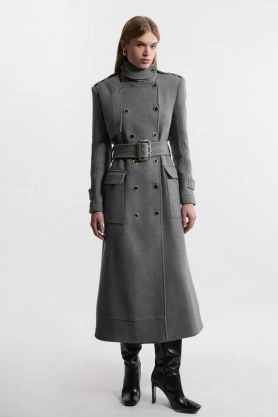 Outlet Karen Millen Premium Italian Manteco Wool Blend Belted Funnel Neck Tailored Maxi Coat grey