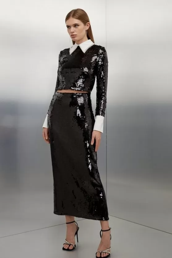 Fashion Karen Millen Sequin Front Split Woven Midi Skirt black