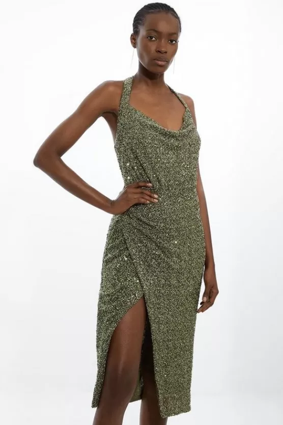 Cheap Karen Millen Sequin Halter Cowl Neck Midi Dress khaki