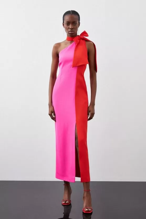 Cheap Karen Millen Soft Tailored Color Block Tie Neck Midi Dress pink