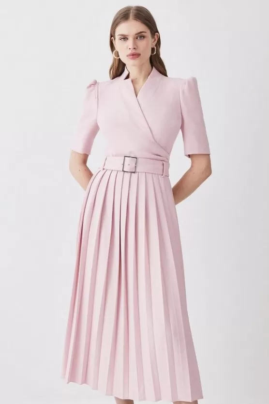 New Karen Millen Structured Crepe Notch Neck Wrap Belted Forever Midi Dress blush