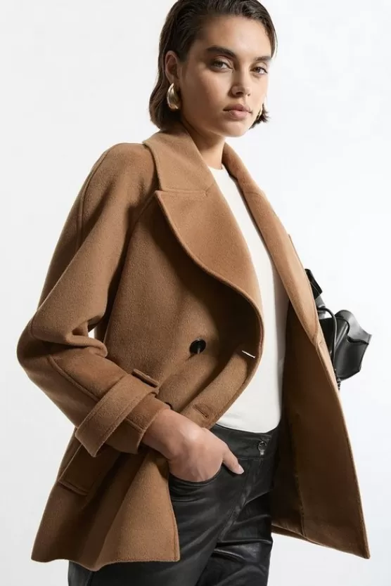 Cheap Karen Millen Tailored Wool Blend Double Breasted Short Pea Coat camel