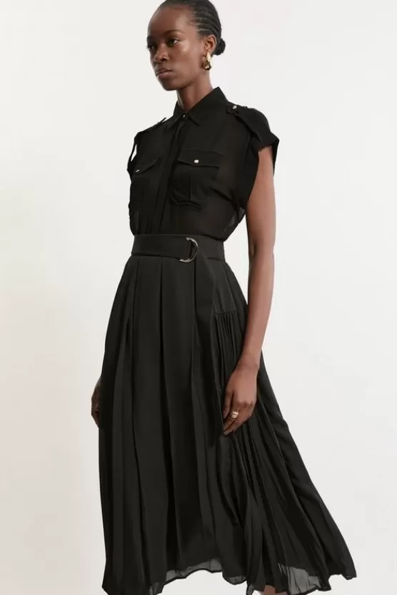 Sale Karen Millen Tall Georgette Belted Pleat Woven Midi Skirt black
