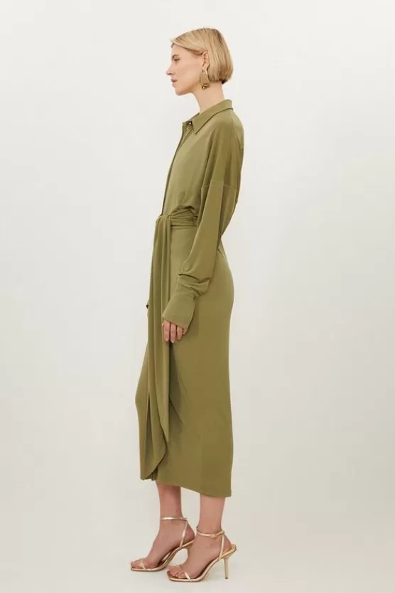 Store Karen Millen Tall Ruched Tie Waist Jersey Crepe Shirt Midi Dress khaki