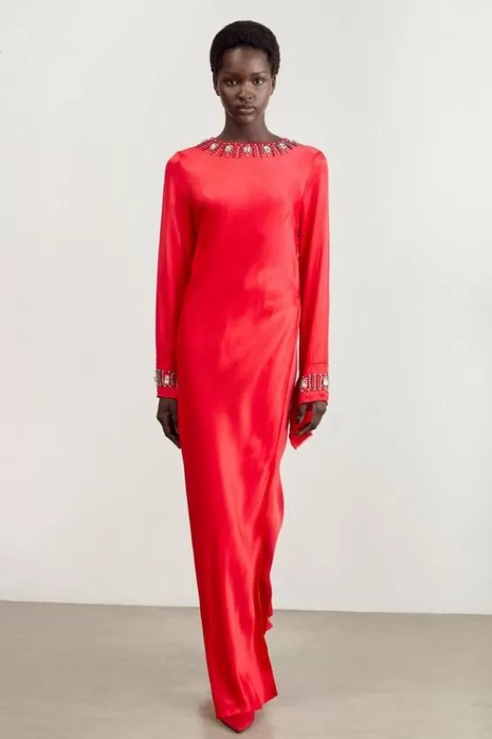 Shop Karen Millen The Founder Crystal Embellished Raw Edge Satin Wrap Maxi Dress red