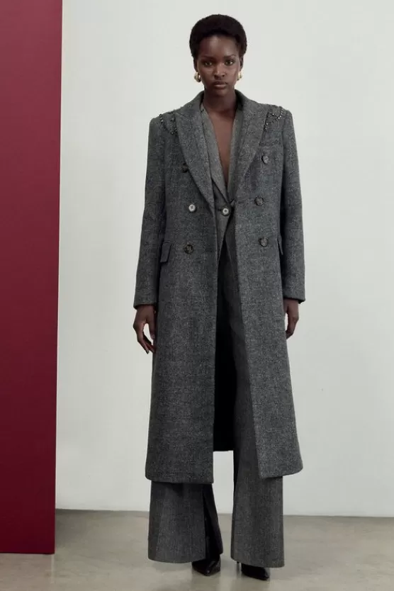 Cheap Karen Millen The Founder Embellished Herringbone Double Breasted Tailored Midi Coat mono
