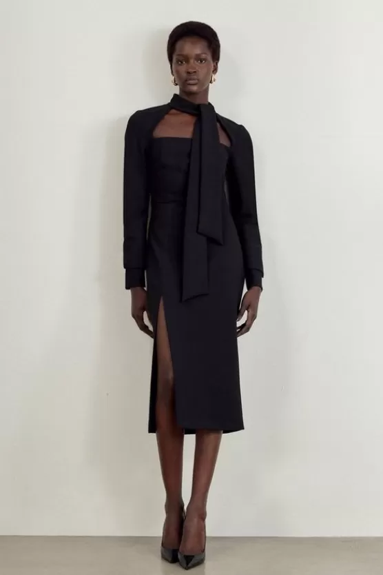 Store Karen Millen The Founder Petite Compact Stretch Tailored Tie Neck Pencil Midi Dress black