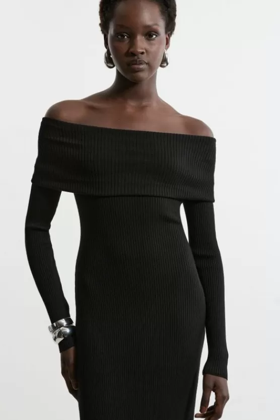 Fashion Karen Millen Viscose Blend Rib Detail Off The Shoulder Knit Midi Dress black