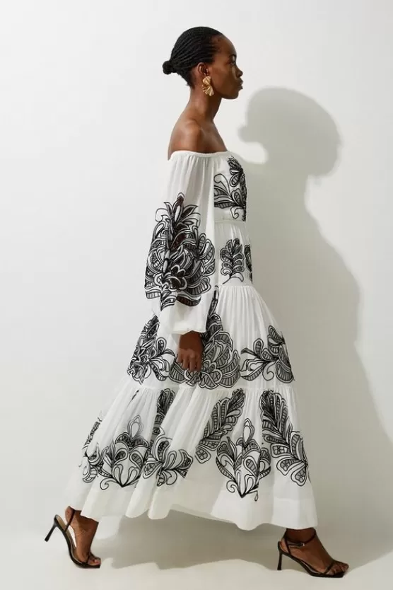 Hot Karen Millen Viscose Georgette Placed Cutwork Off The Shoulder Woven Maxi Dress mono