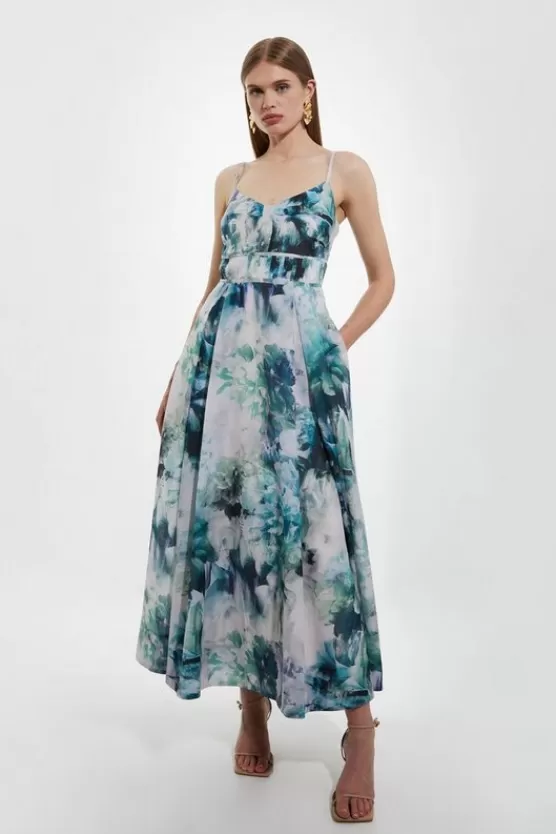 Outlet Karen Millen Watercolor Cotton Voile Strappy Woven Maxi Dress blue
